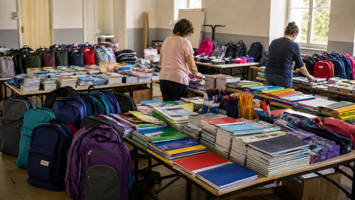 Tables couvertes de cahiers, de stylos et de cartables triés par deux bénévoles adultes dans une salle communale du Sud-Ouest.