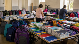 Tables couvertes de cahiers, de stylos et de cartables triés par deux bénévoles adultes dans une salle communale du Sud-Ouest.