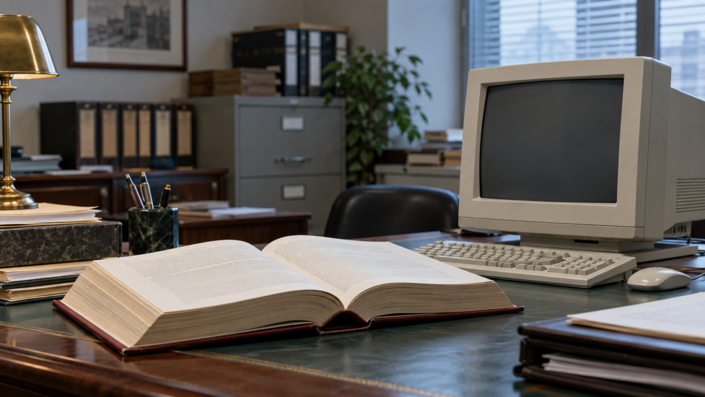 Volume de droit relié ouvert sur un bureau administratif, à côté d’un ordinateur beige des années 1990 dont l’écran est vide.