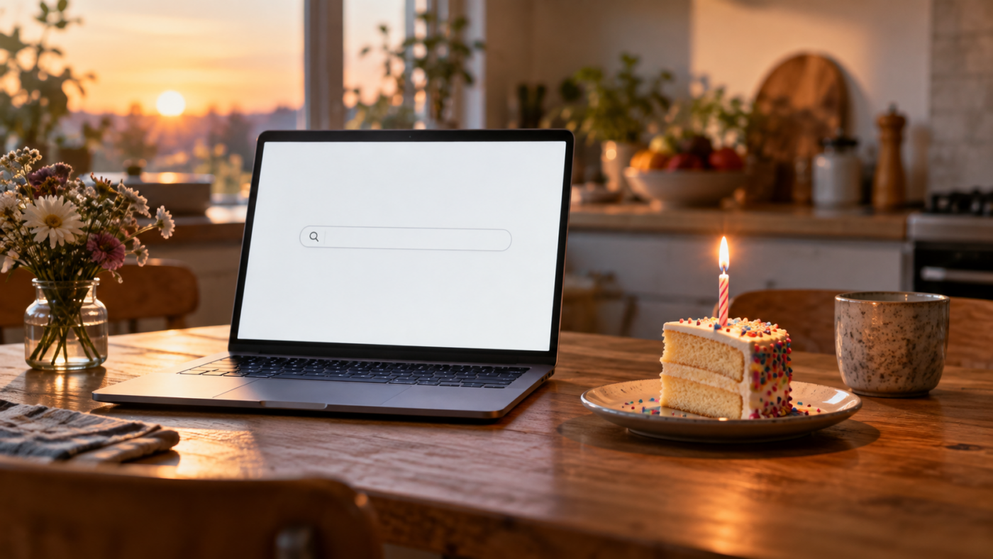 Ordinateur portable ouvert sur une table de cuisine en bois à l’aube, écran blanc affichant un champ de recherche vide, bougie d’anniversaire allumée plantée dans une part de gâteau près du clavier