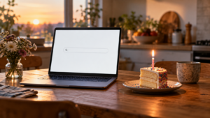 Ordinateur portable ouvert sur une table de cuisine en bois à l’aube, écran blanc affichant un champ de recherche vide, bougie d’anniversaire allumée plantée dans une part de gâteau près du clavier