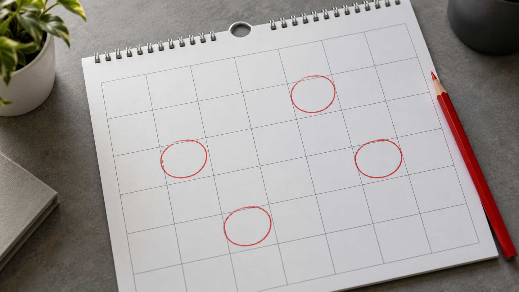 Page de calendrier mural en papier posée à plat sur un bureau gris, grille d’un mois aux cases vides dont quatre sont entourées au crayon rouge, crayon rouge posé sur le bord de la page