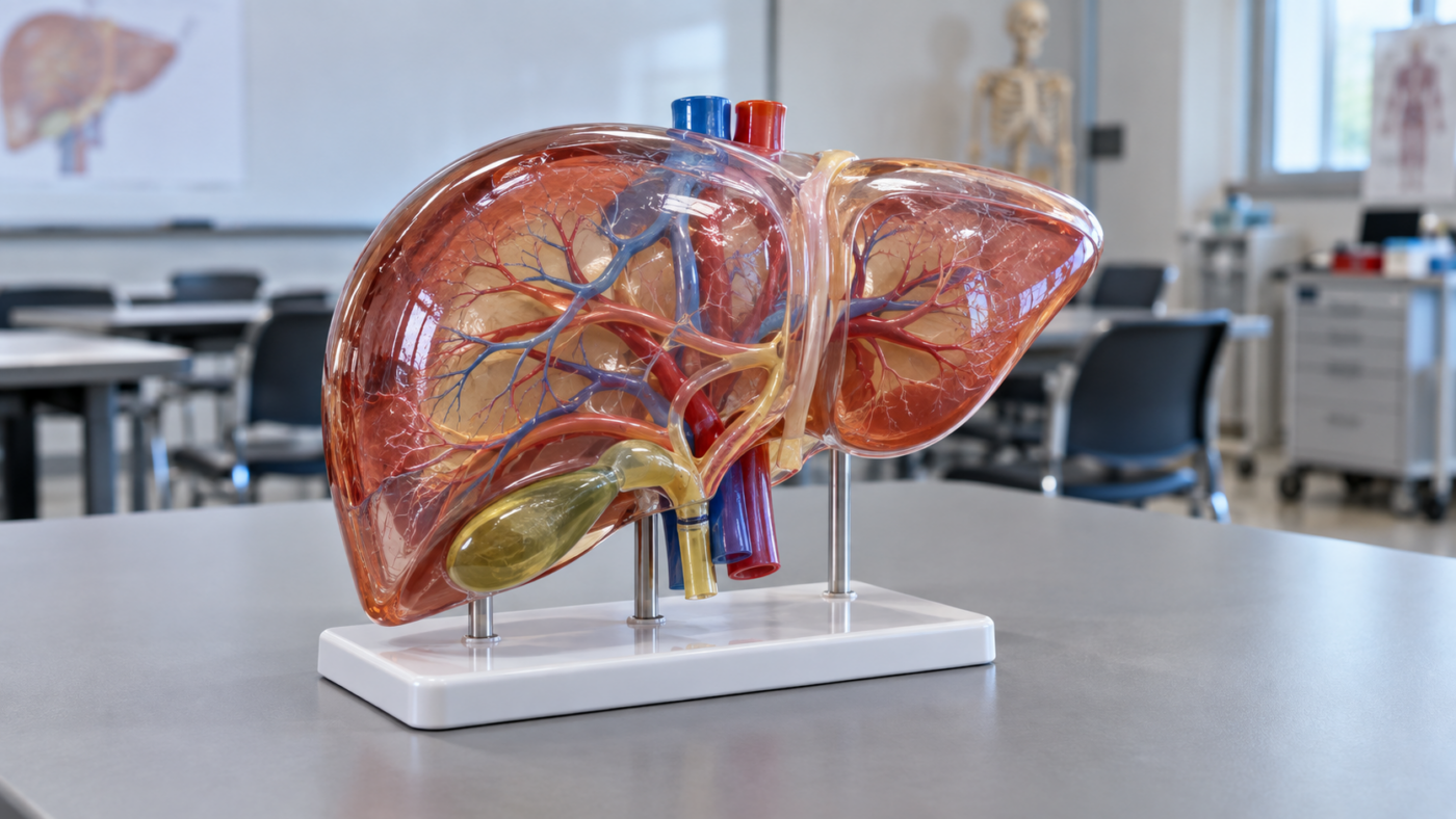 Maquette anatomique translucide d’un foie humain posée sur une table grise dans une salle de cours hospitalière.