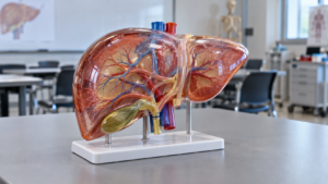 Maquette anatomique translucide d’un foie humain posée sur une table grise dans une salle de cours hospitalière.