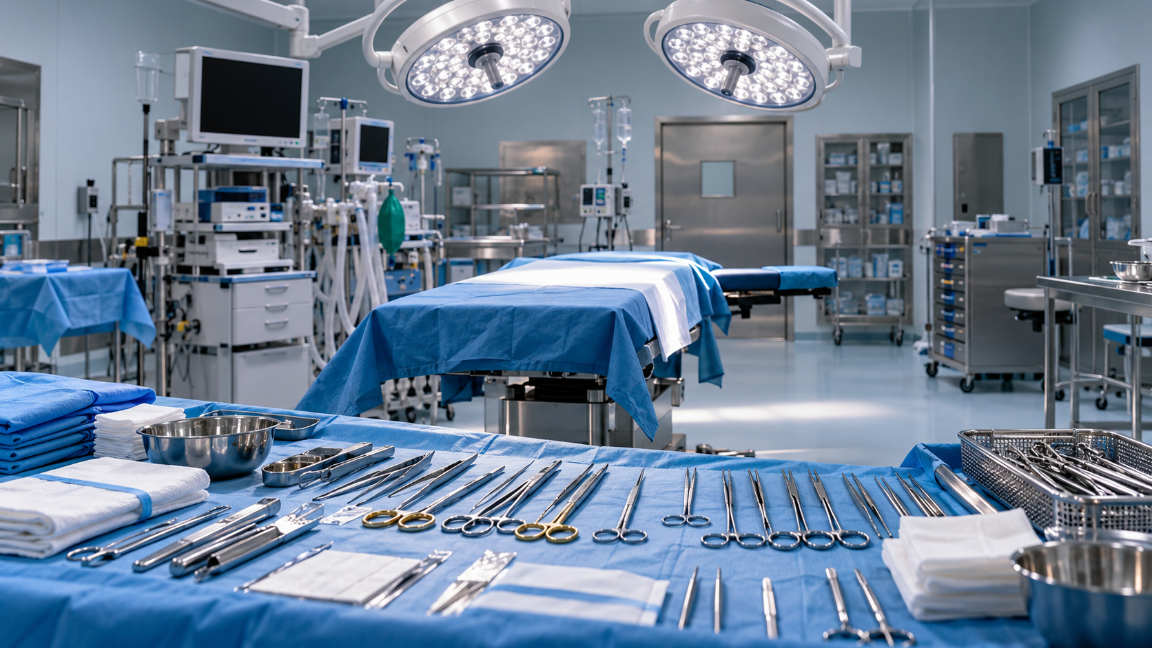 Bloc opératoire vide préparé pour une chirurgie du foie, instruments stériles alignés sur un champ.