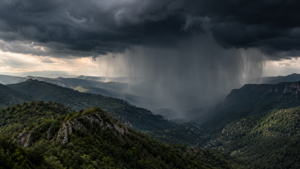 Orage noir immobile au-dessus des crêtes des Cévennes, rideau de pluie tombant à la verticale sur une seule vallée boisée.