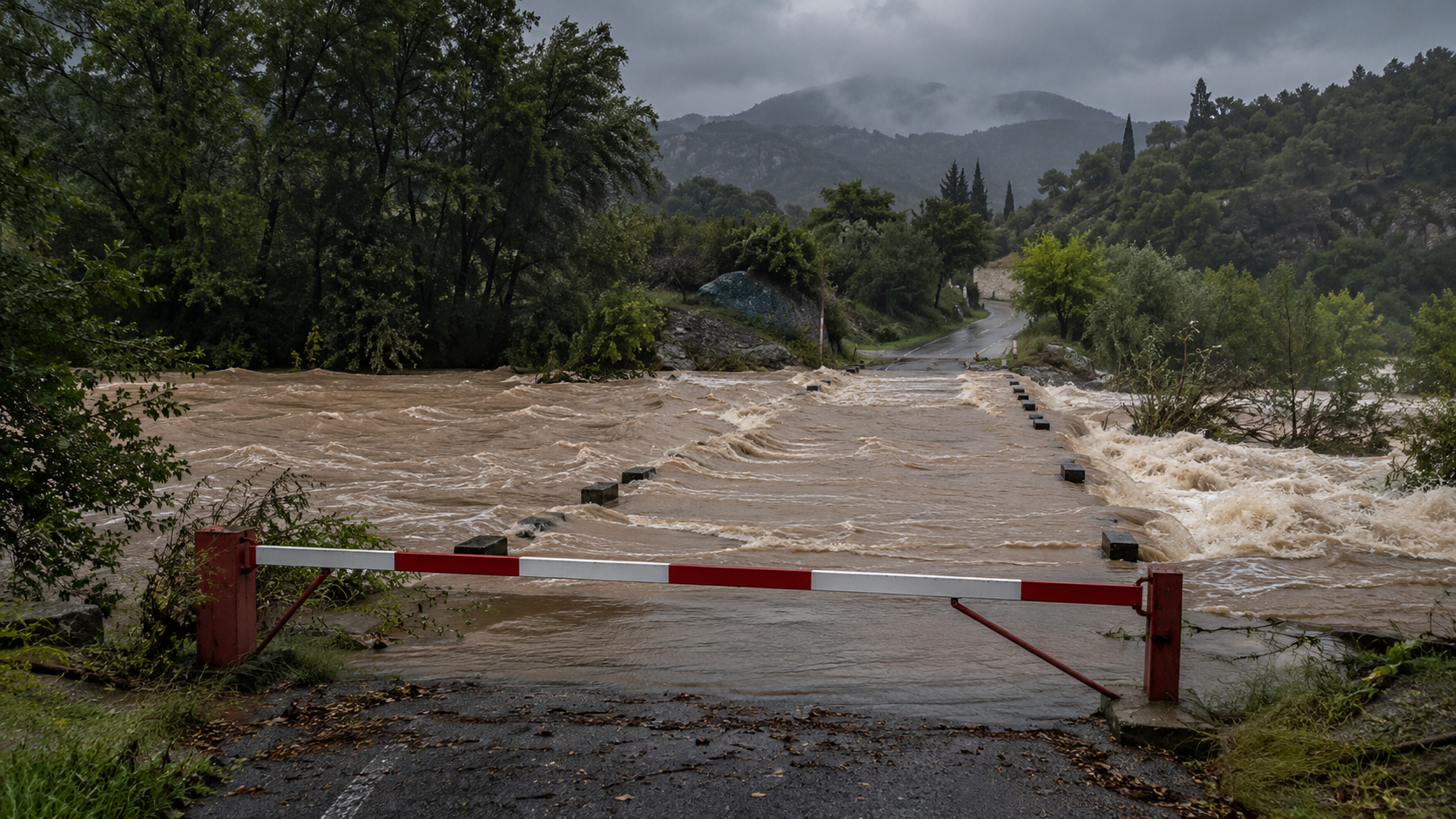 Pont submersible fermé par une barrière, l’eau brune passe au-dessus du tablier dans un vallon du Sud de la France.