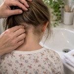 Des mains d'adulte écartent les cheveux d'un enfant vu de dos au niveau de la nuque, un peigne en métal à dents fines posé sur une serviette blanche à côté d'un lavabo.