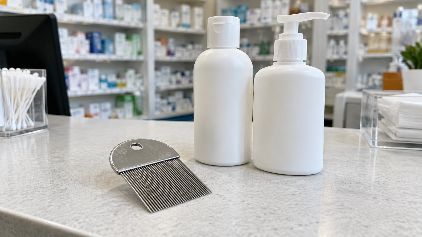 Un peigne à poux en métal à dents fines posé sur un comptoir de pharmacie à côté de deux flacons de lotion sans marque.