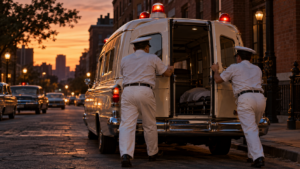 Deux secouristes en tenue claire referment la porte arrière d’une ambulance des années 1960 dans une rue de briques, à la tombée du jour.