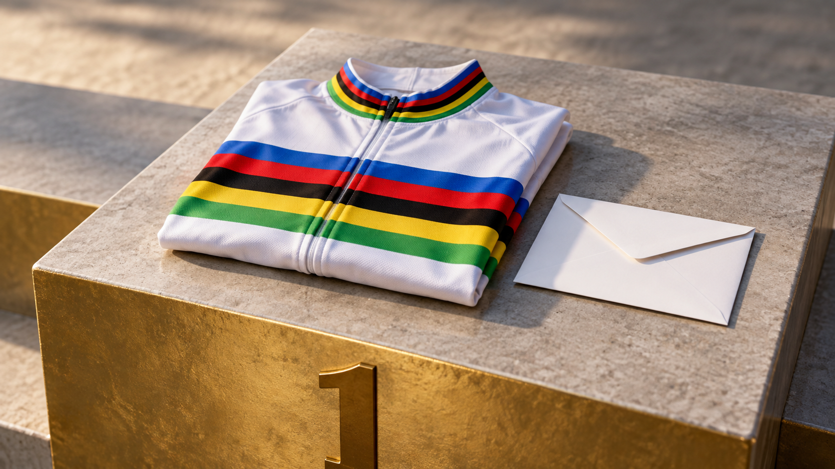 Un maillot aux bandes arc-en-ciel plié sur une marche de podium, à côté d’une enveloppe blanche.
