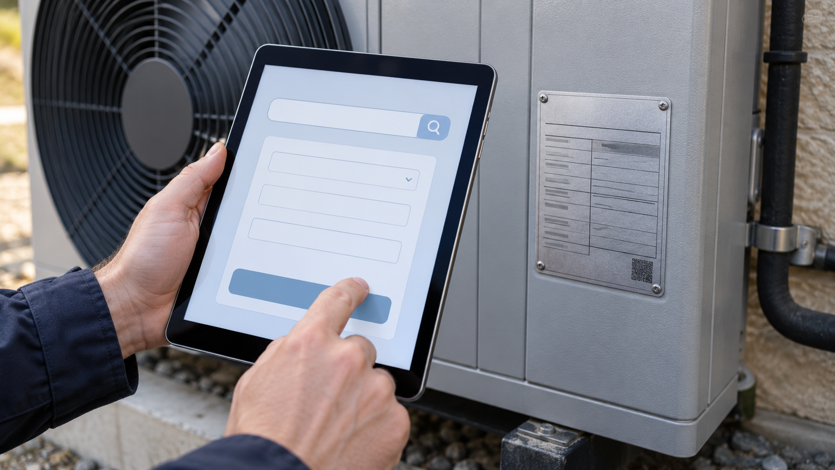 Mains tenant une tablette affichant un formulaire de recherche vierge, à côté de la plaque signalétique d’une pompe à chaleur.
