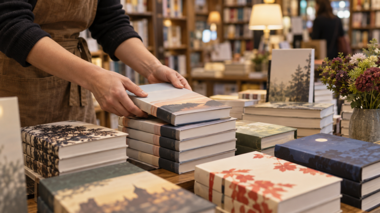 Des mains de libraire posent un roman sur une pile de livres, sur la table de la rentrée littéraire.
