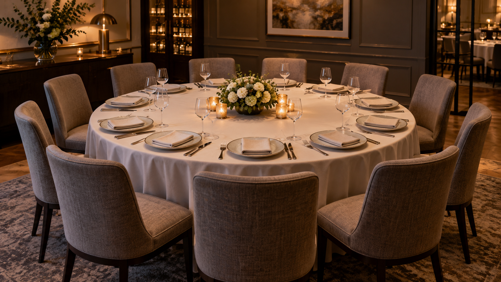 Une table ronde dressée pour dix convives dans une salle de restaurant vide.