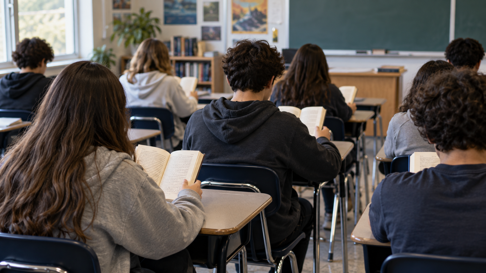 Des lycéens vus de dos lisent des romans à leur table de classe.