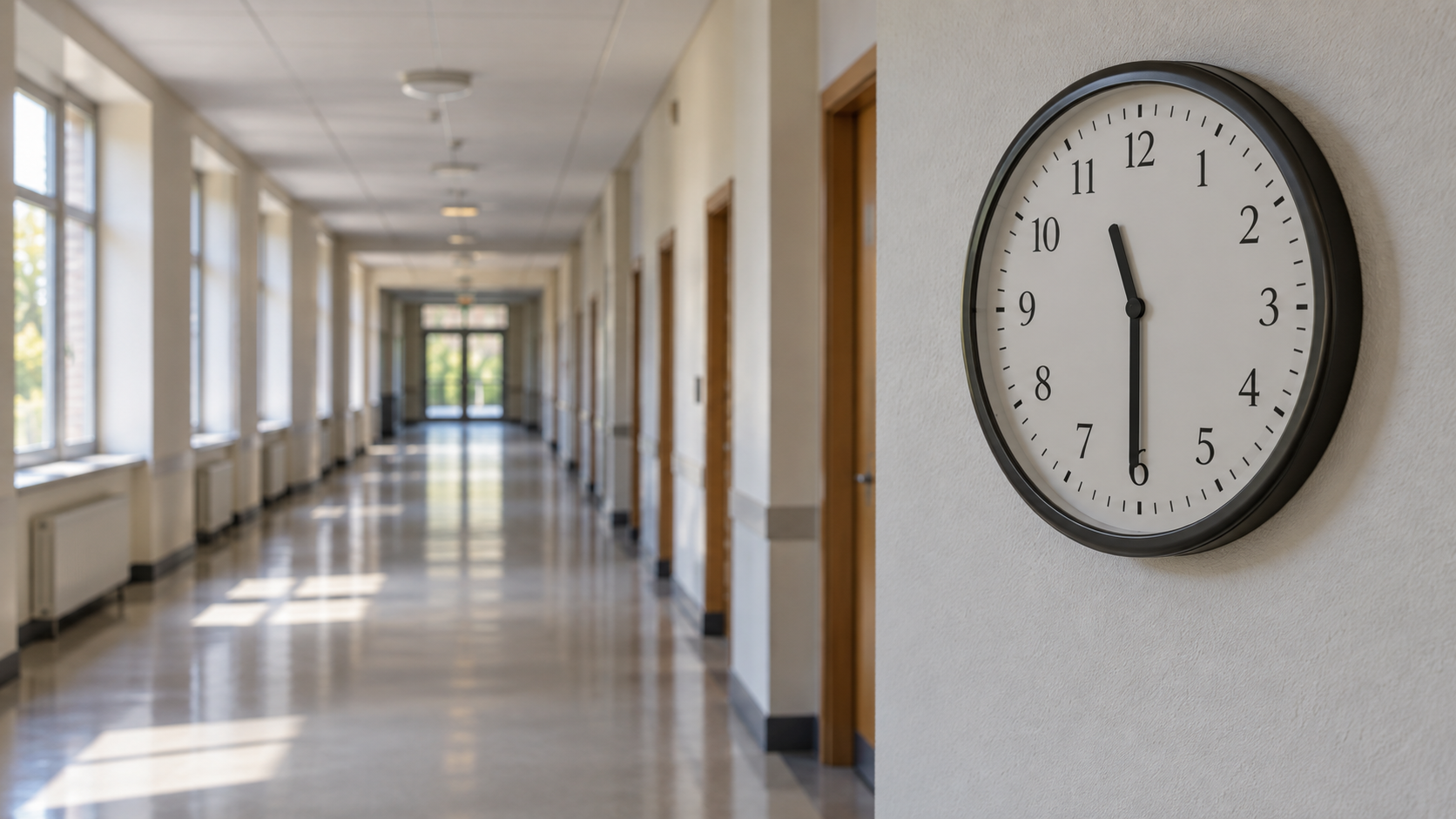 Une horloge murale indique onze heures trente dans un couloir institutionnel désert.