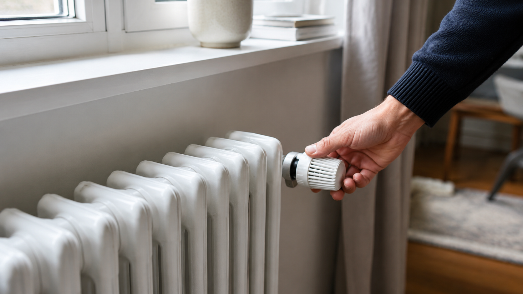 Une main règle le robinet thermostatique d’un radiateur sous une fenêtre, dans un appartement.
