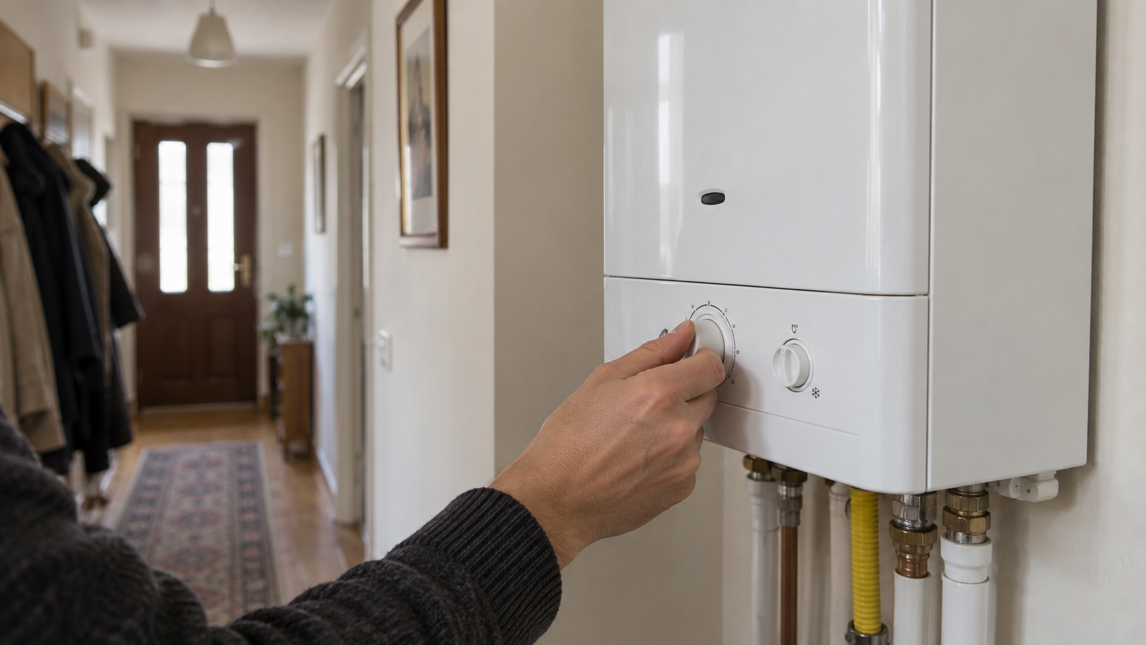 Des mains règlent la molette de température d'une chaudière à gaz murale dans un couloir d'appartement