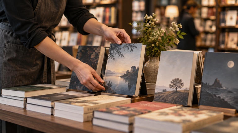 Les mains d’un libraire redressent un roman sur la table des nouveautés d’une librairie.