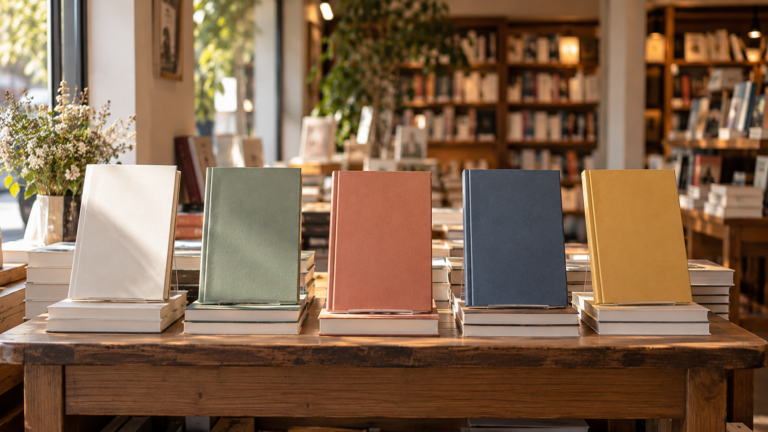 Une table de librairie où cinq romans aux couvertures vierges attendent, sous la lumière d’une vitrine de septembre.
