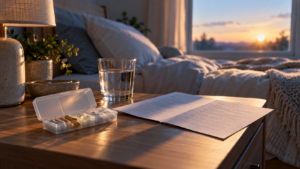 Une table de chevet à l’aube, avec un pilulier hebdomadaire entrouvert, un verre d’eau et un questionnaire plié.