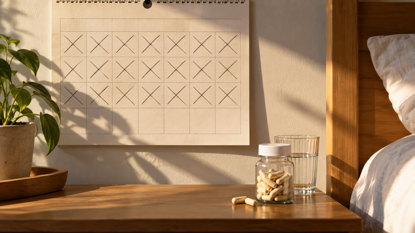 Un calendrier mural dont quatre semaines sont barrées au crayon, posé à côté d’un flacon de gélules.