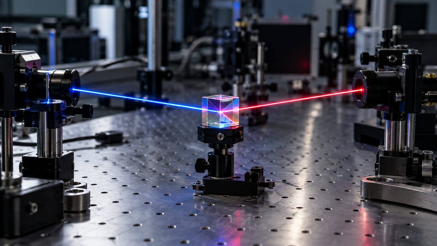 Deux faisceaux lumineux convergent sur un cube séparateur, puis repartent vers deux détecteurs.