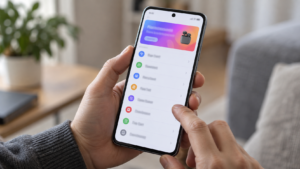 Mains tenant un smartphone dont l’écran affiche une liste de réglages floutée surmontée d’un bandeau coloré.