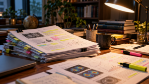 Une pile d’articles scientifiques annotés au surligneur sur un bureau, sous une lampe allumée.