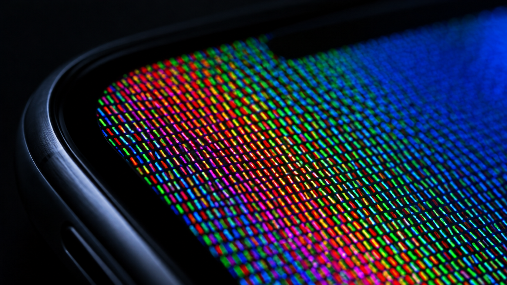 Gros plan sur un écran de smartphone allumé dans l’obscurité, pixels colorés visibles.