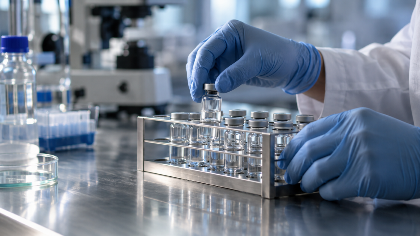 Mains gantées plaçant un petit flacon transparent dans un portoir métallique sur une paillasse de laboratoire