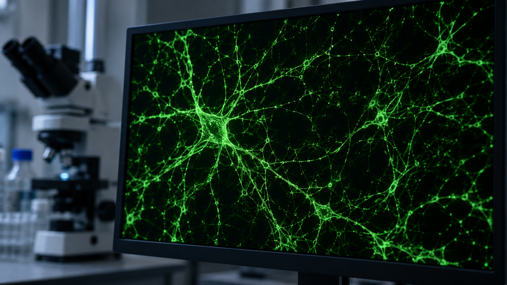 Écran de microscopie à fluorescence affichant de fines fibres nerveuses ramifiées en vert sur fond noir