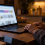 Les mains d’un adulte posées sur le pavé tactile d’un ordinateur portable, le soir, sur une table de cuisine en bois.