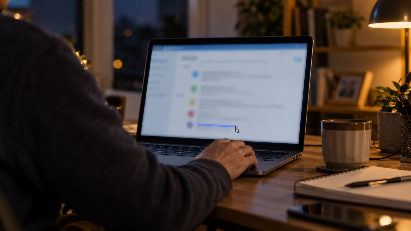 Une personne survole un lien du bout du curseur, en bas de l’écran d’un ordinateur portable posé sur un bureau.