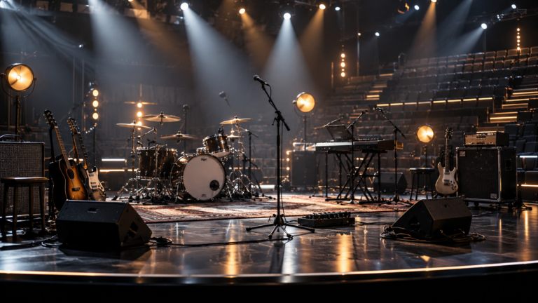Plateau de télévision musical désert entre deux prises, instruments et pieds de micro sous les projecteurs, gradins vides au fond.