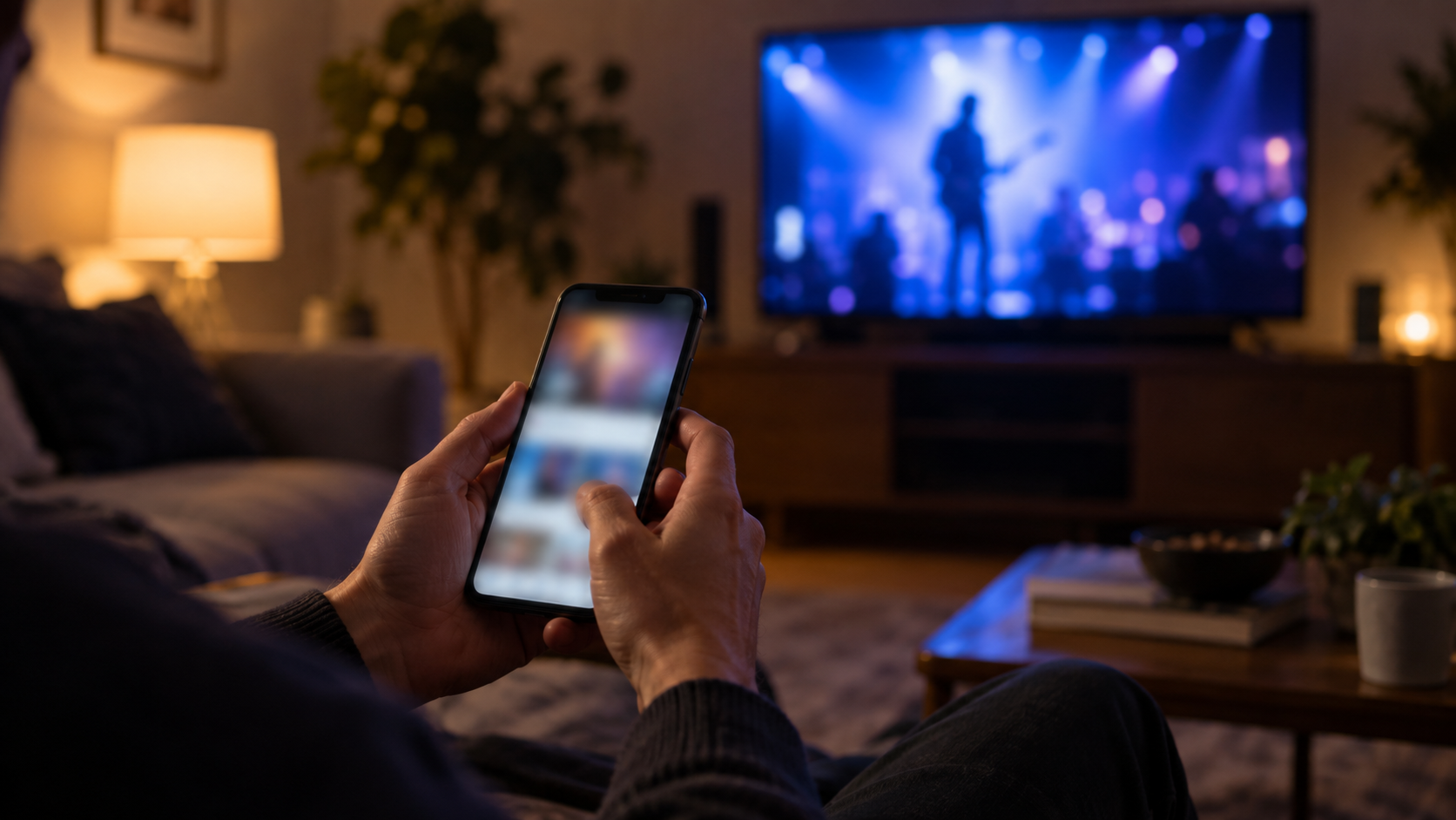 Mains tenant un téléphone devant un téléviseur allumé et flou, dans un salon éclairé en fin de soirée.