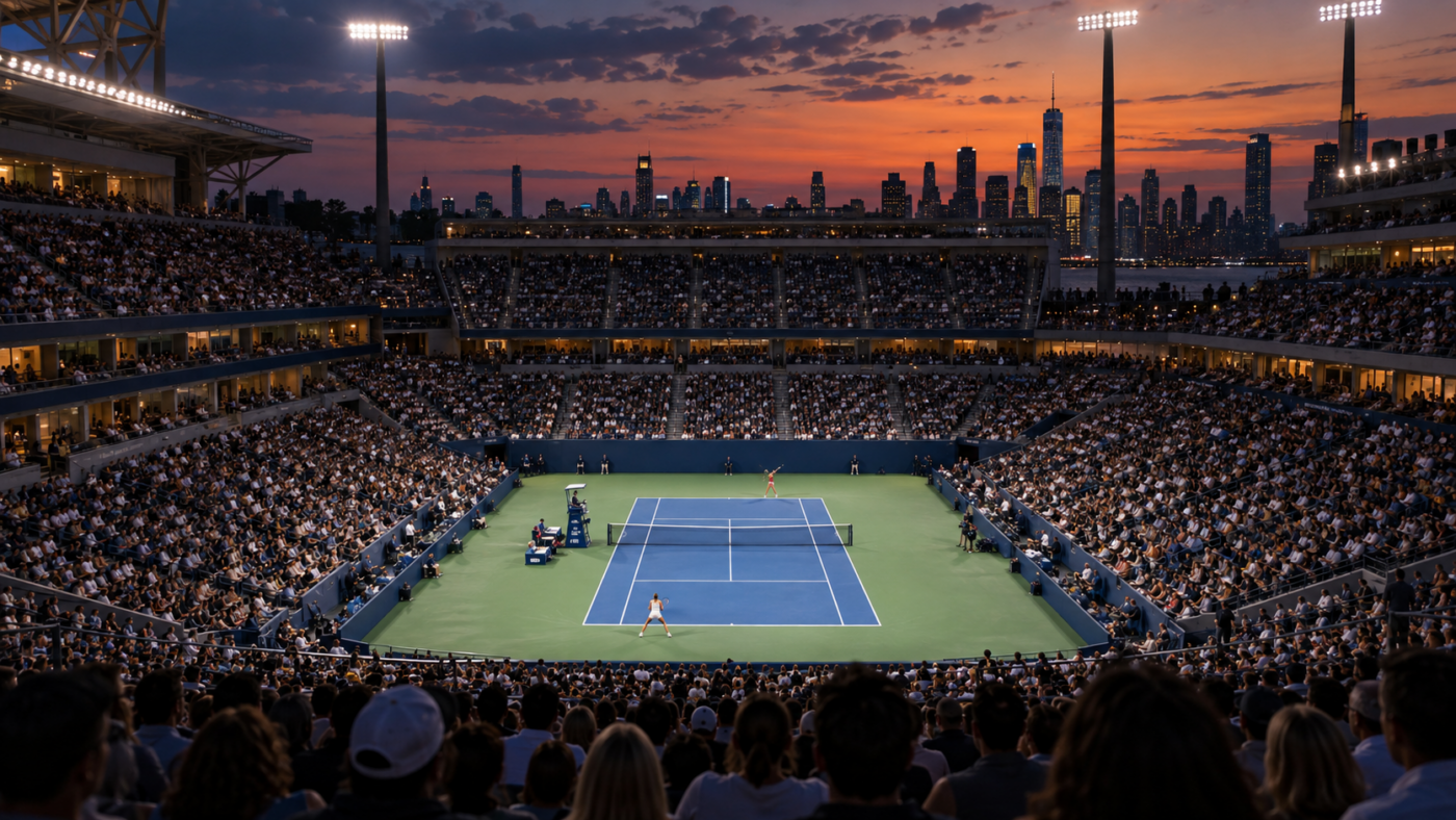 Vue large d'un grand stade de tennis en plein air à la tombée du jour, court en dur bleu éclairé, tribunes pleines de spectateurs en silhouette, deux joueuses au loin sur les lignes de fond.
