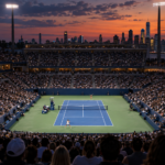 Vue large d'un grand stade de tennis en plein air à la tombée du jour, court en dur bleu éclairé, tribunes pleines de spectateurs en silhouette, deux joueuses au loin sur les lignes de fond.