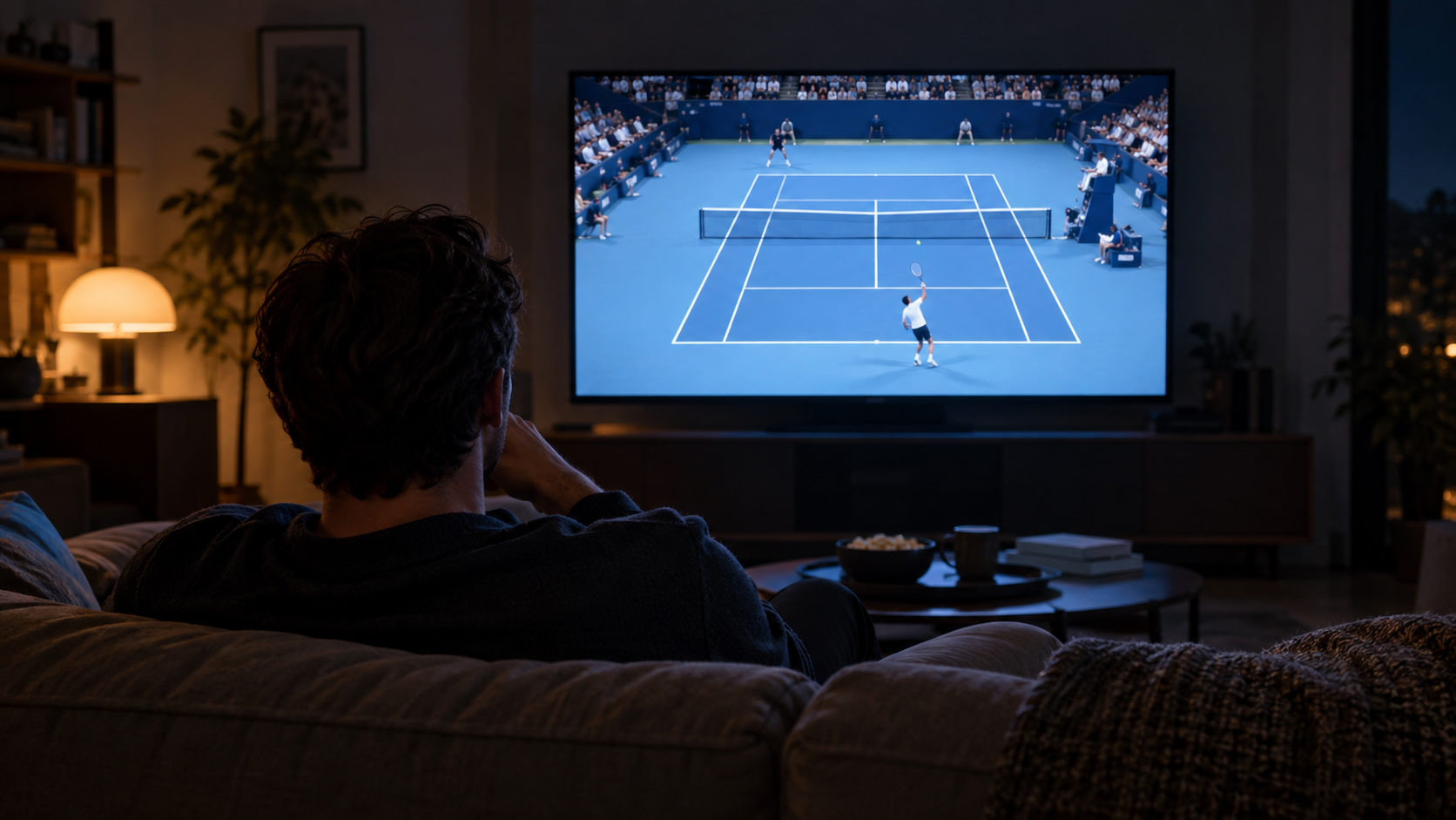 Salon plongé dans la pénombre, un téléviseur allumé sur un court de tennis éclairé, une personne assise de dos sur un canapé.