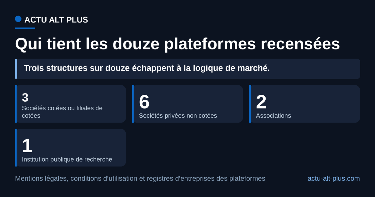 Neuf plateformes sur douze appartiennent à une société commerciale ; le relevé couvre forges de code et plateformes de modèles, il ne prétend pas à l’exhaustivité.