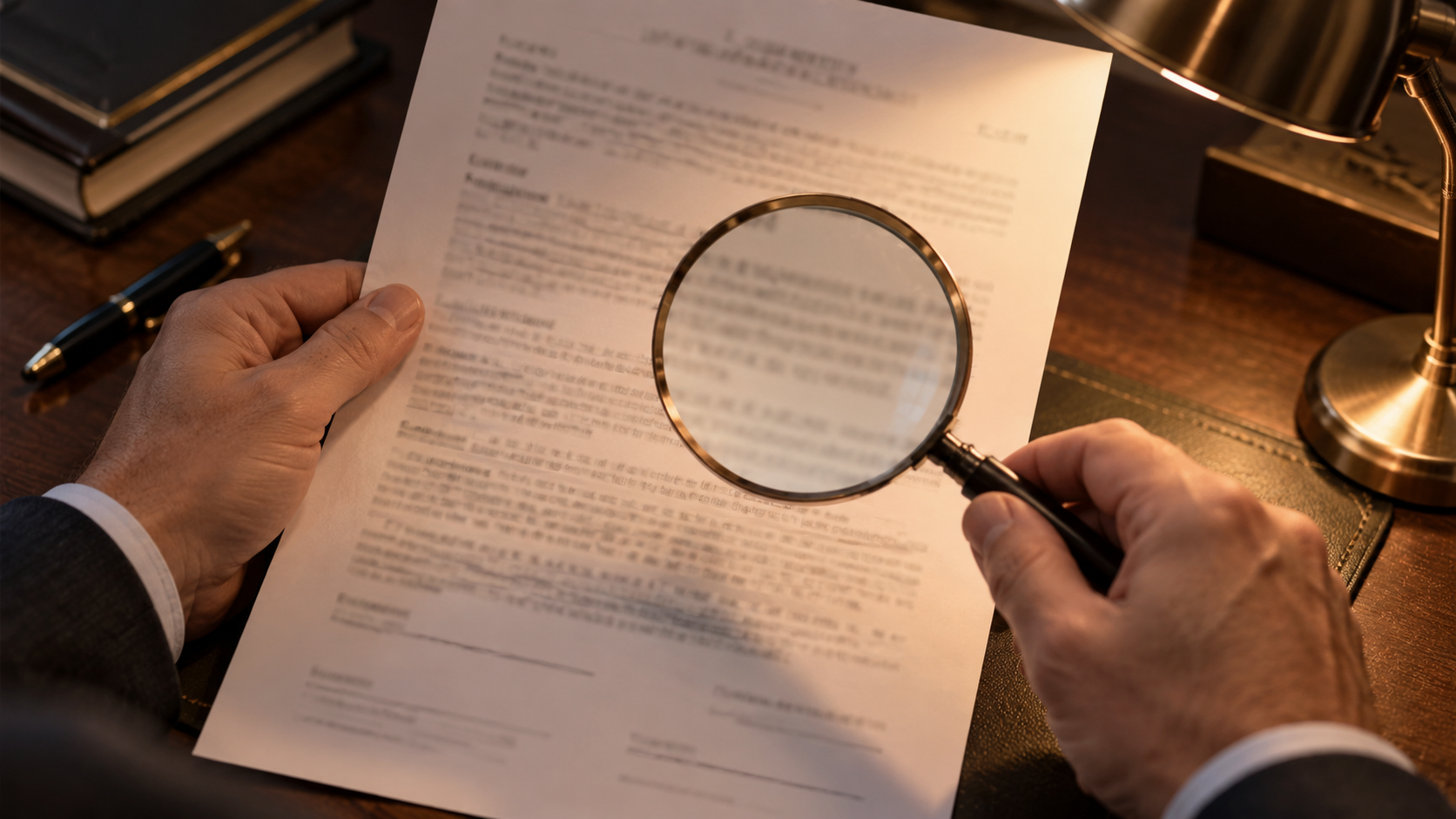 Deux mains tiennent une page de contrat imprimée sous une lampe de bureau, une loupe posée dessus.