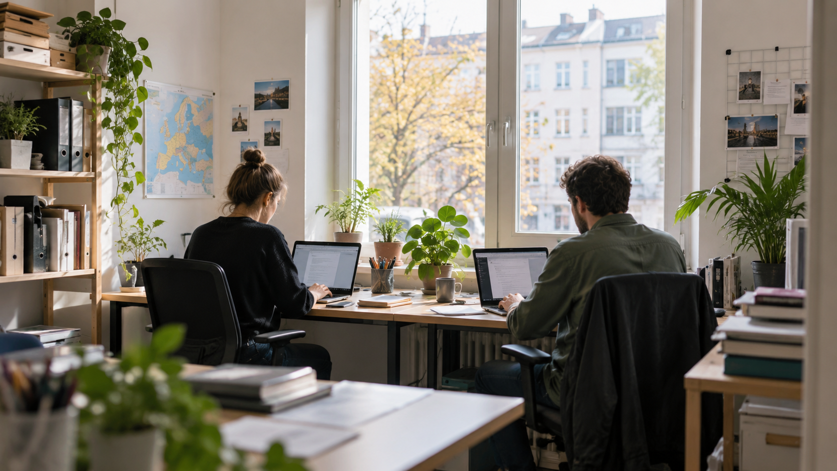 Petit bureau associatif européen, deux personnes travaillant sur des ordinateurs portables près d’une grande fenêtre.