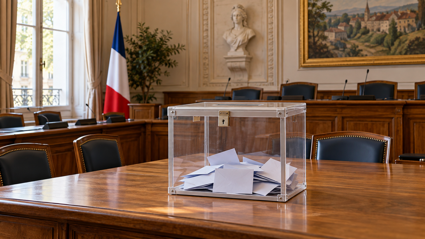 Une urne transparente posée sur la table en bois d’une salle du conseil municipal, chaises vides et drapeau français dans un coin.