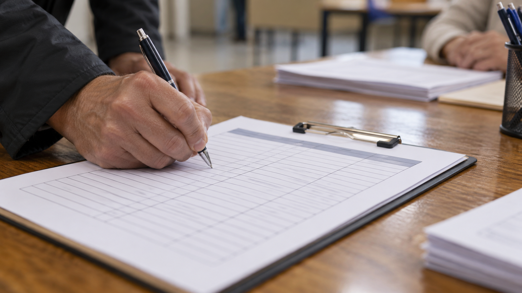 Une main signe une liste d’émargement posée sur une table en bois, dans une salle administrative.