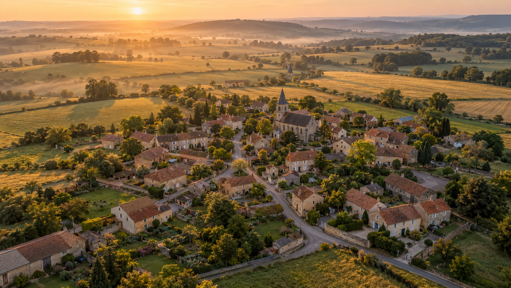 Vue en hauteur d’un petit village français d’une trentaine de maisons entouré de champs, au lever du jour.