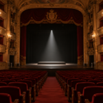 Salle de théâtre à l’italienne vide, fauteuils de velours rouge et balcons dorés, un projecteur éclairant une estrade nue sur la scène.