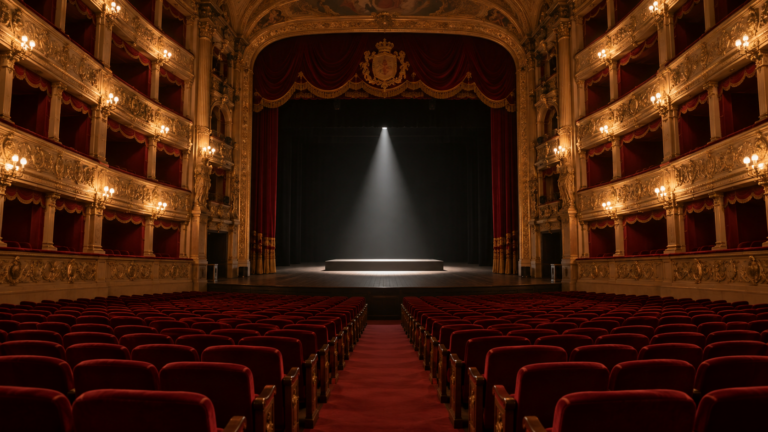 Salle de théâtre à l’italienne vide, fauteuils de velours rouge et balcons dorés, un projecteur éclairant une estrade nue sur la scène.