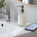 Un flacon de savon à pompe posé au bord d’un lavabo blanc, un téléphone allumé juste à côté.