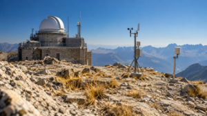 Un observatoire météorologique de sommet dans l’air surchauffé, herbes sèches et roche nue sous un ciel bleu.
