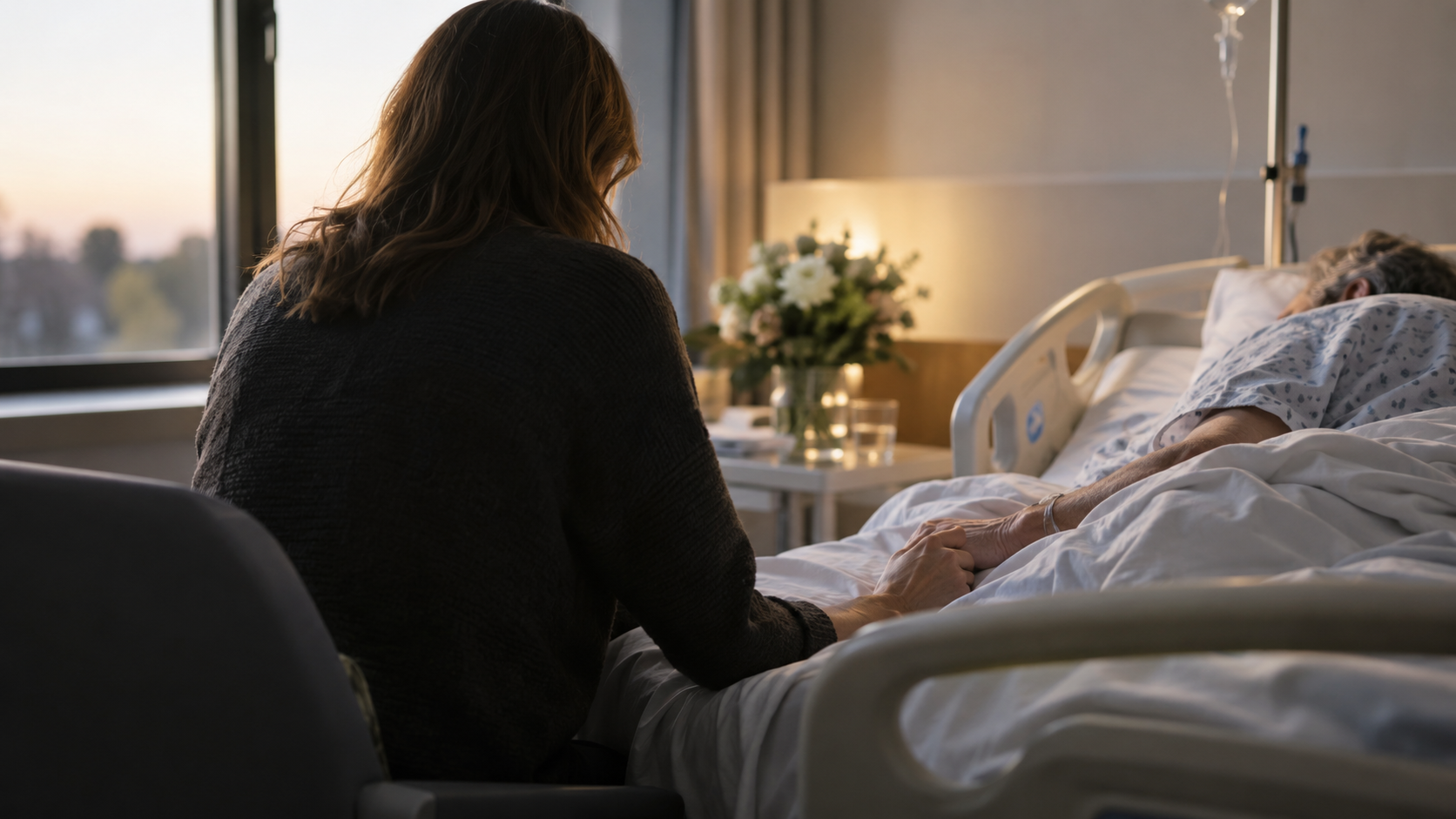 Une visiteuse de dos tient la main d’un patient allongé dans un lit d’hôpital.